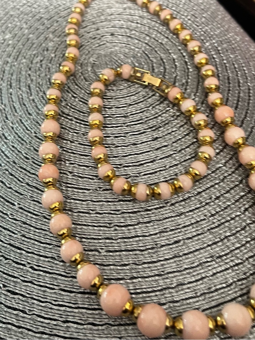 Gold & Pink Beaded Necklace and Bracelet Set 70’s AVON